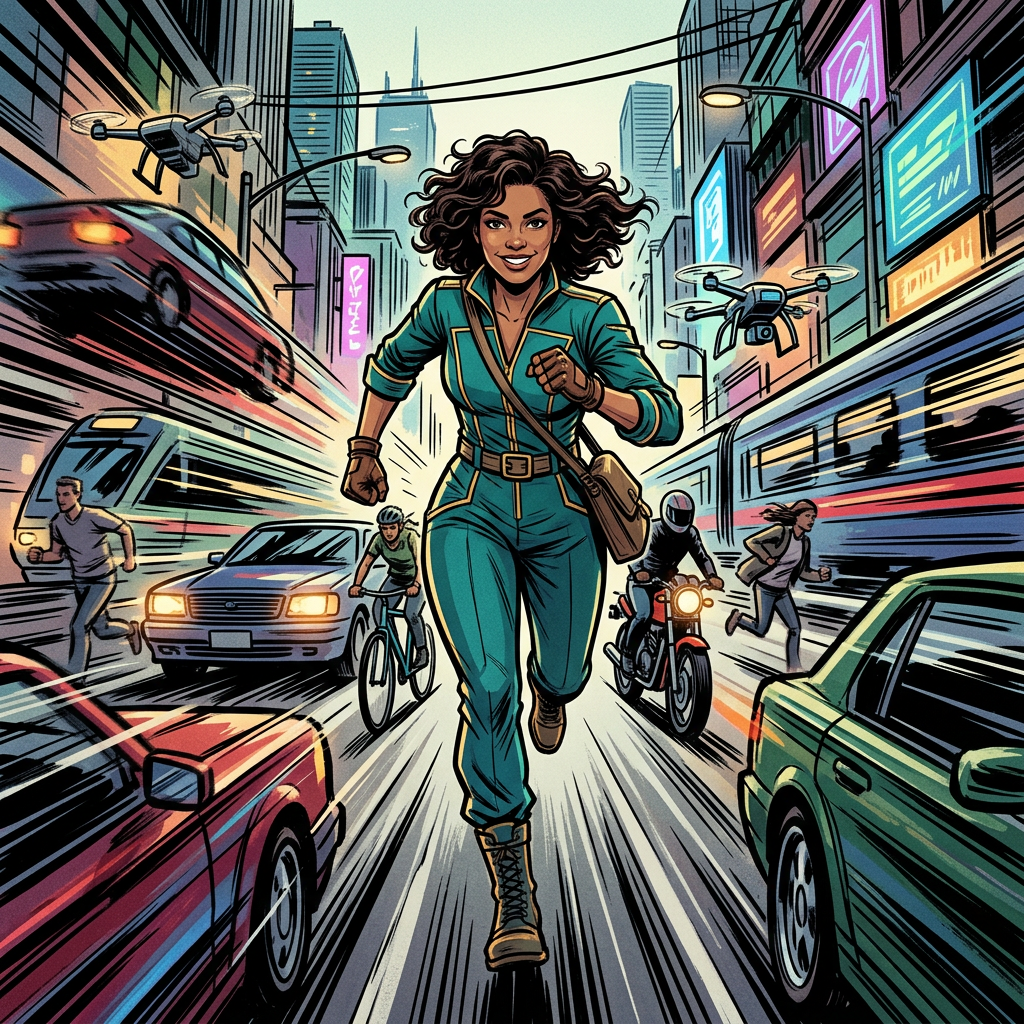 Woman running through futuristic city traffic with cyclists, motorcyclist, cars, and drones